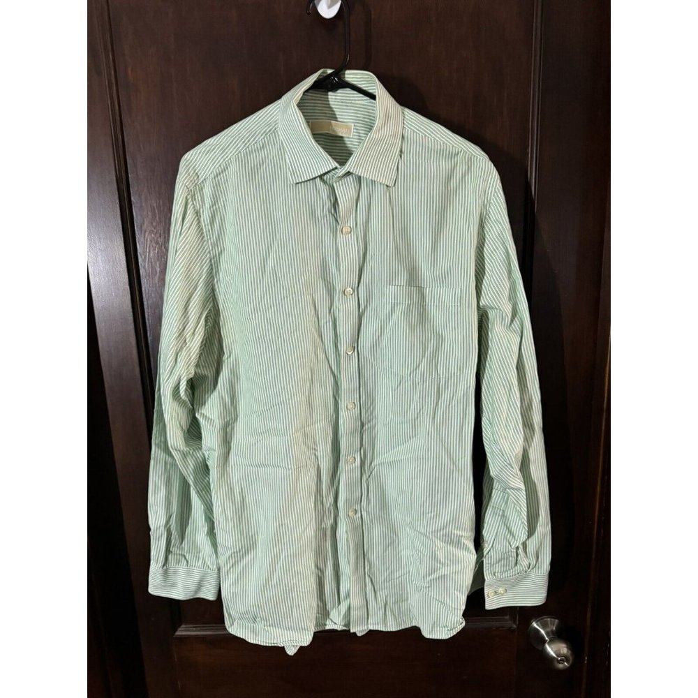 Michael Kors Shirt Medium Green Blue Striped Long Sleeve Button Up Mens